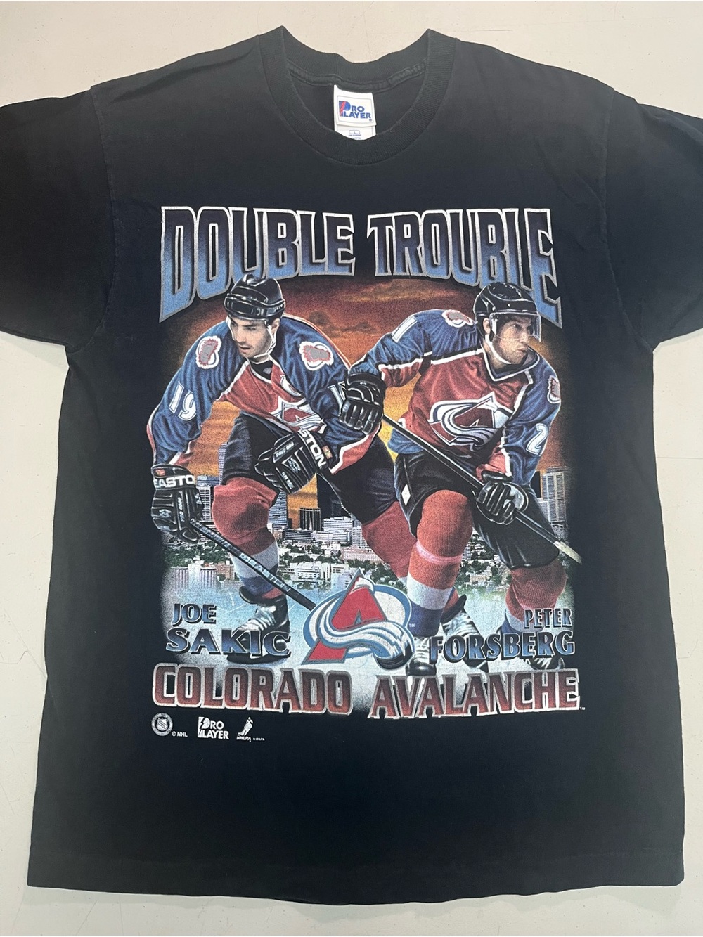 Colorado Avalanche Joe Sakic Peter Forsberg Double Trouble Vtg 90s T Shirt Sz L